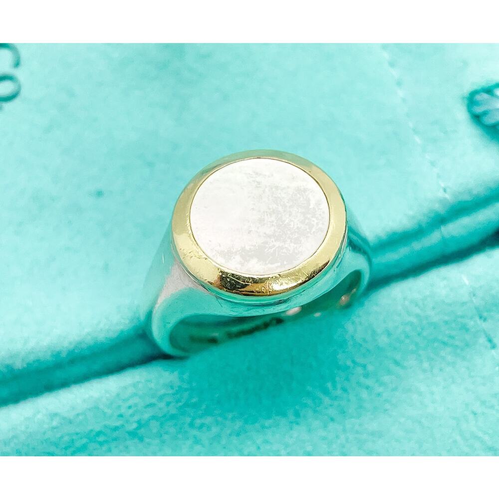 Tiffany & Co. 18K Yellow Gold Sterling Silver Mother of Pearl Signet Ring Sz 7